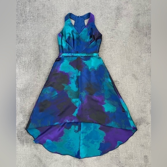 Theia Purple Abstract High Low Satin Gown - Picture 1 of 6